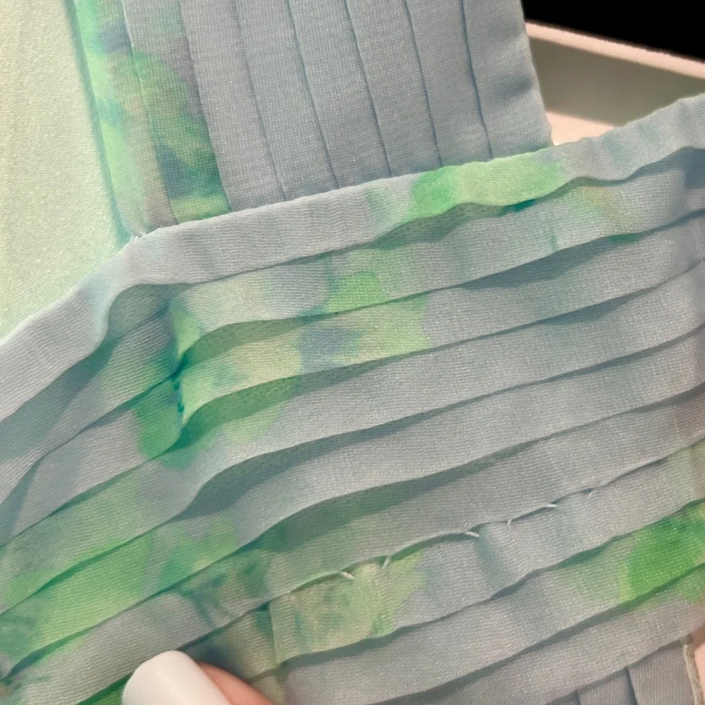 THEIA Pleated Chiffon Dress Blue Green Watercolor Halter Midi 4 Wedding Guest